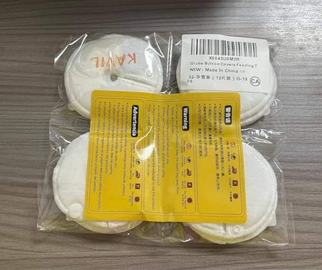 Sealed bag containing white button cover pads with barcode label visible