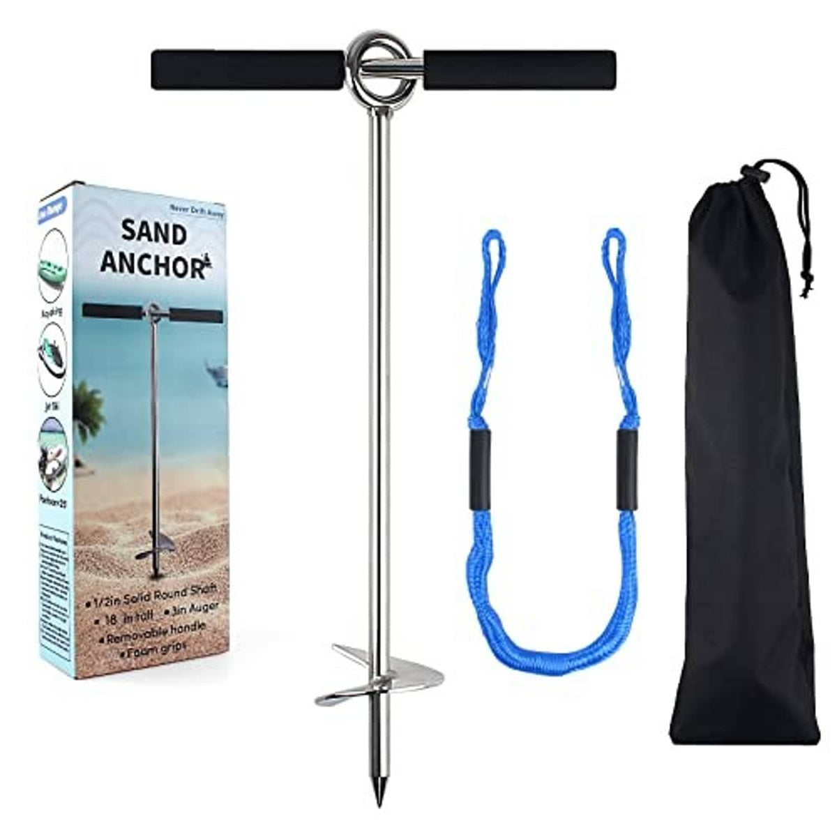 Sand anchor set with chrome auger, black cross handles, blue bungee line, storage bag
