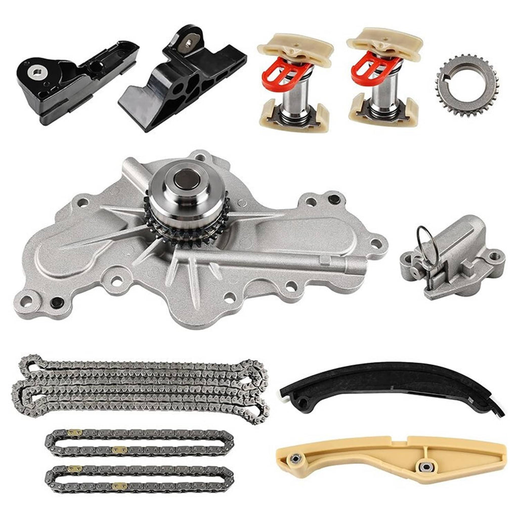 Timing chain and water pump kit with assembled pump, timing chains, guides, and tensioner blocks