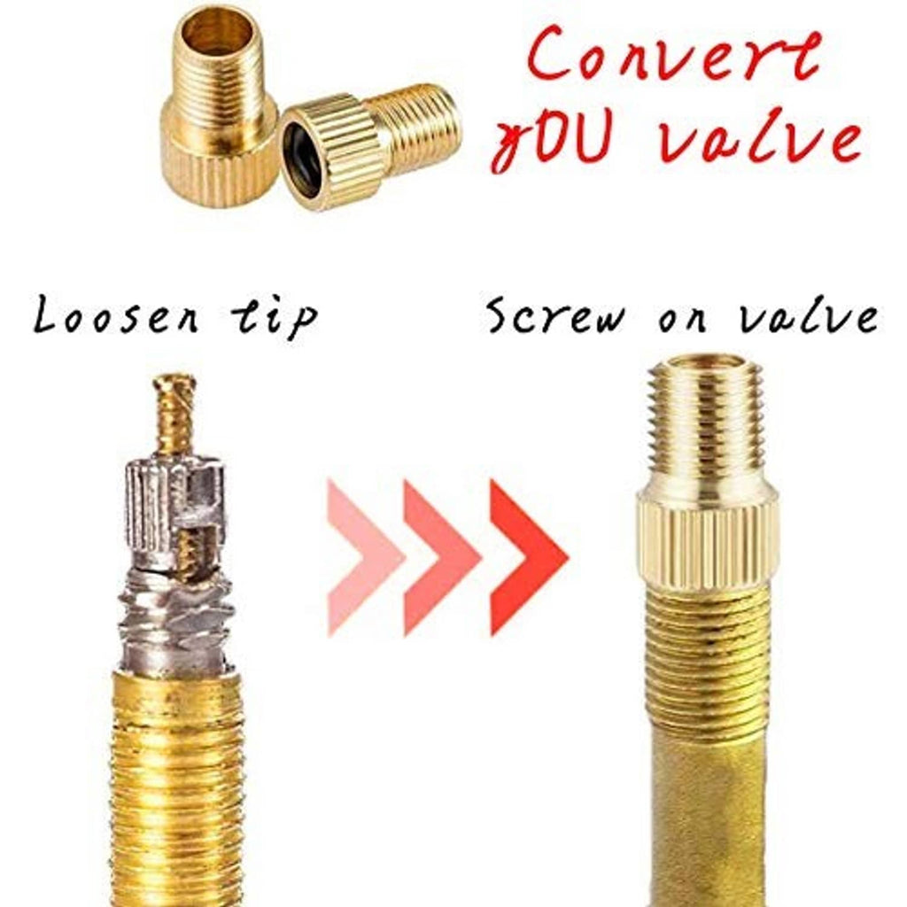 Brass valve converter and adapters with screw-on ends for changing valve access