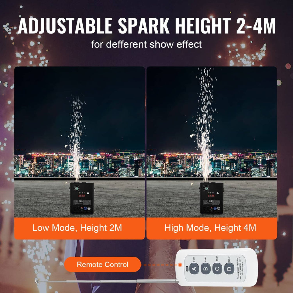 Black cold spark machine spraying vertical white sparks for adjustable height effects