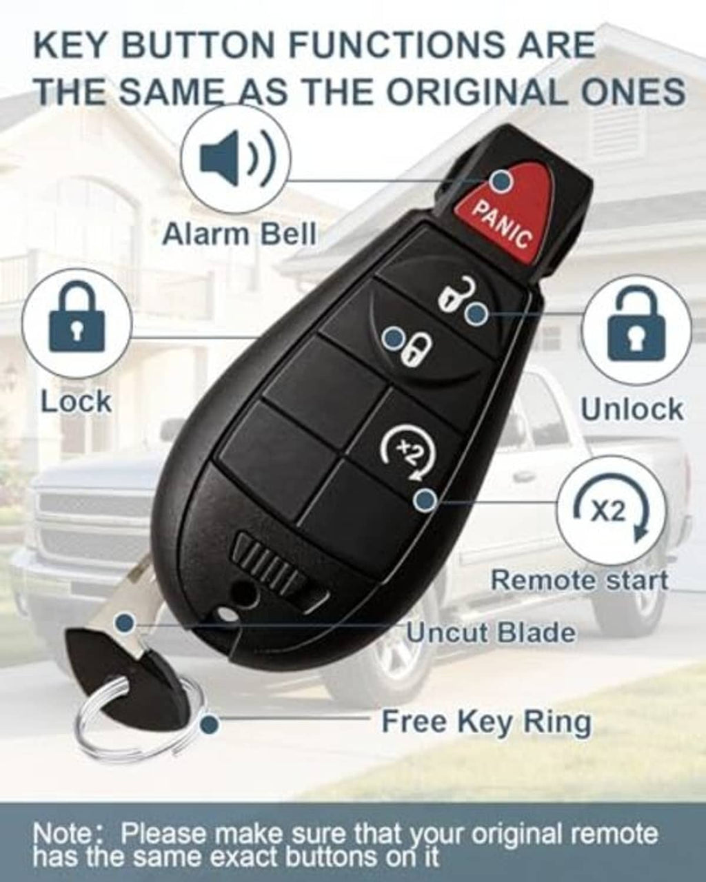 Black key fob with red PANIC button and remote control buttons, includes key ring