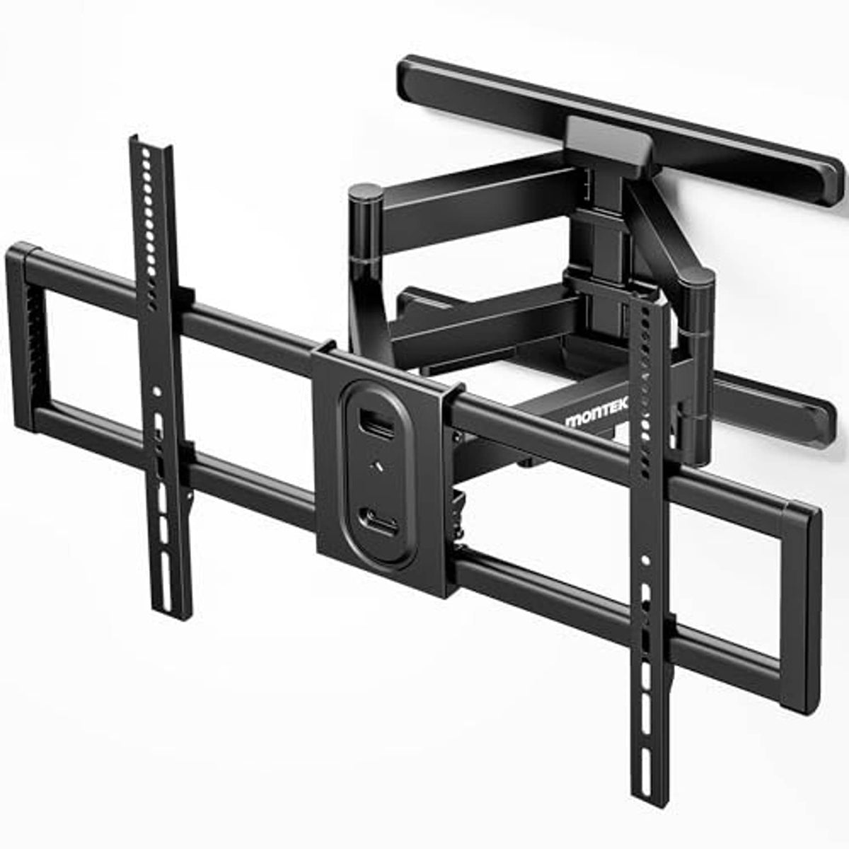 Full-motion TV wall mount bracket in black with swing arms and central plate hardware