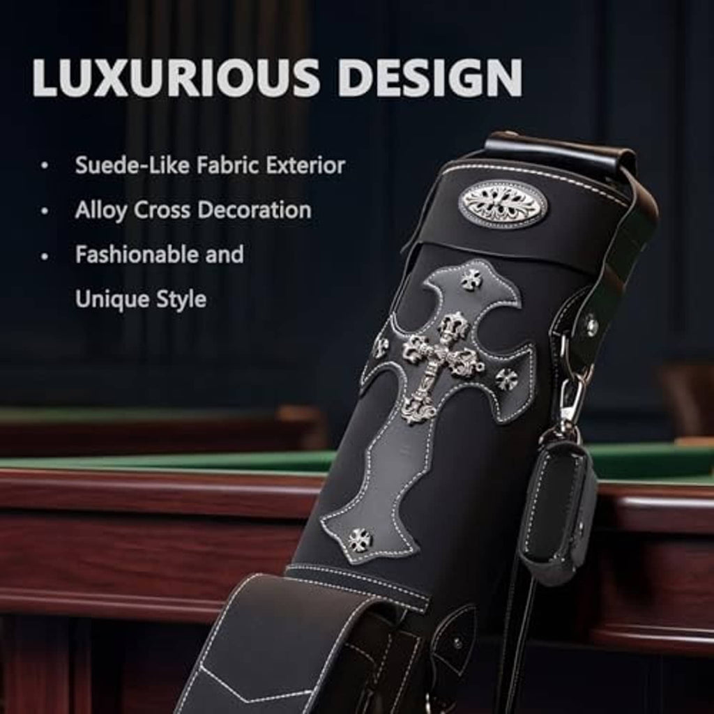 Black hard cue case with ornate cross applique and top handle, close-up front view