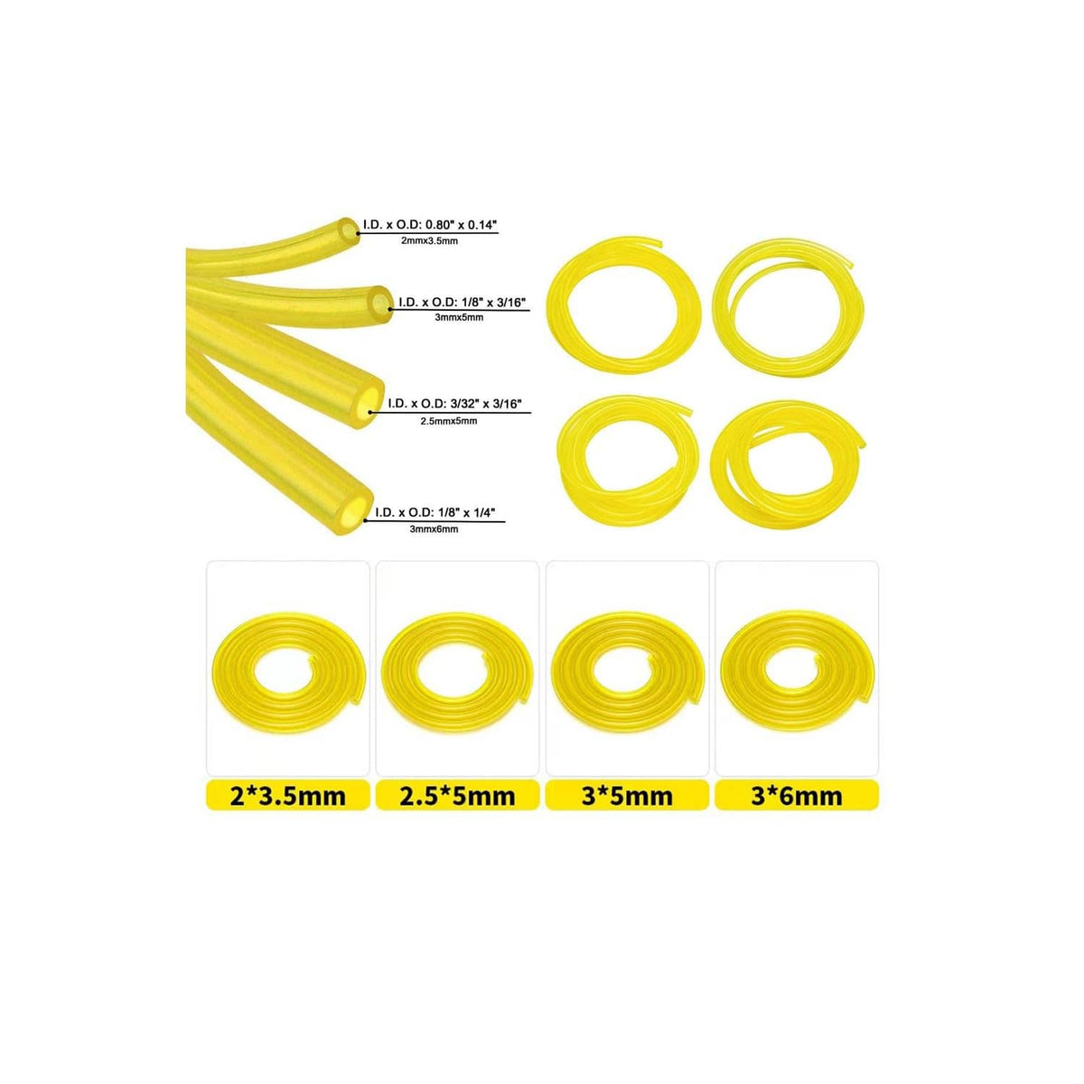 Yellow gas fuel line hose tubing set with multiple inner diameters and coils