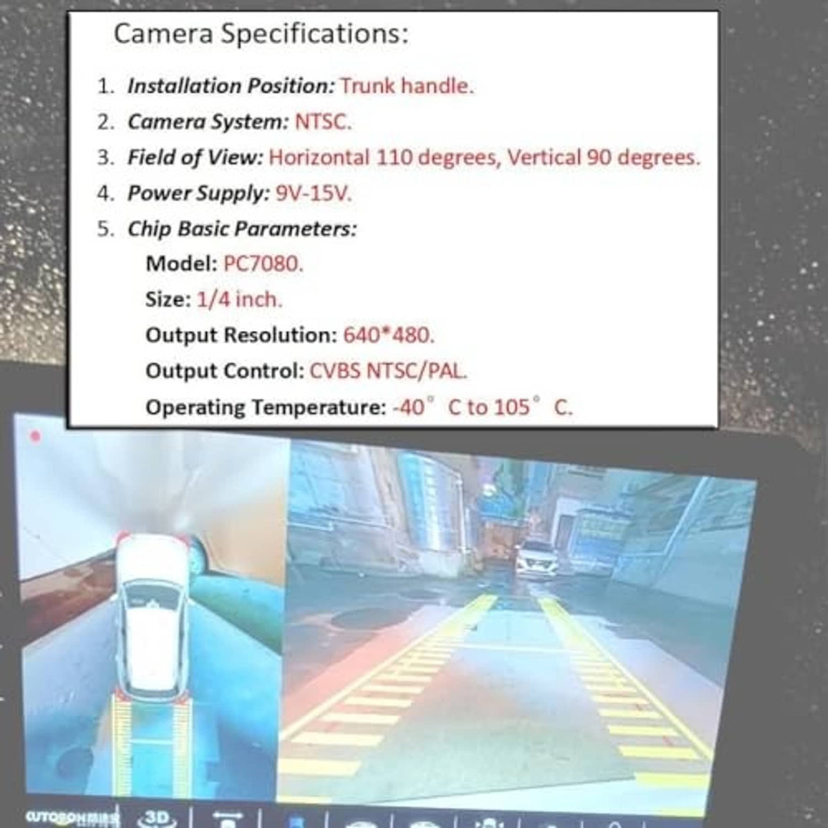 Camera specifications chart showing installation position, system type, and resolution