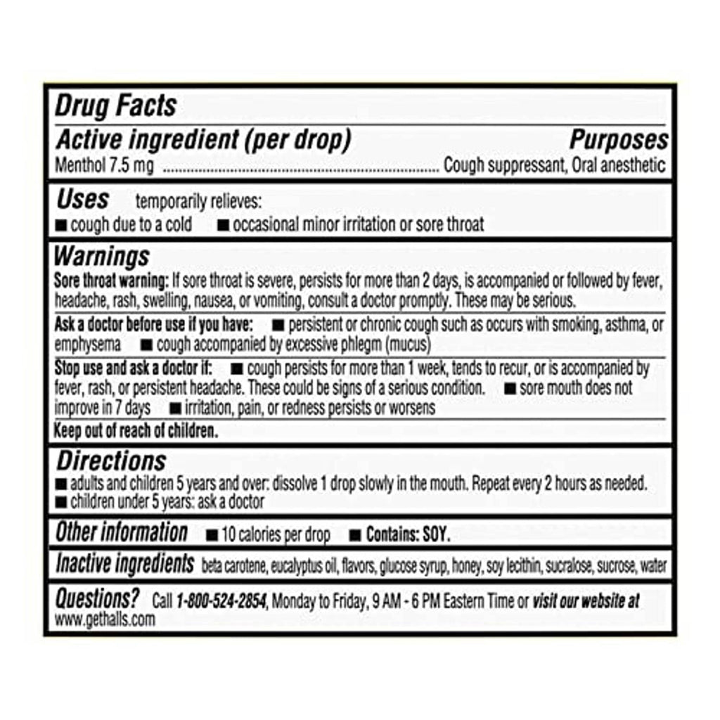 Drug Facts label panel for cough suppressant drops