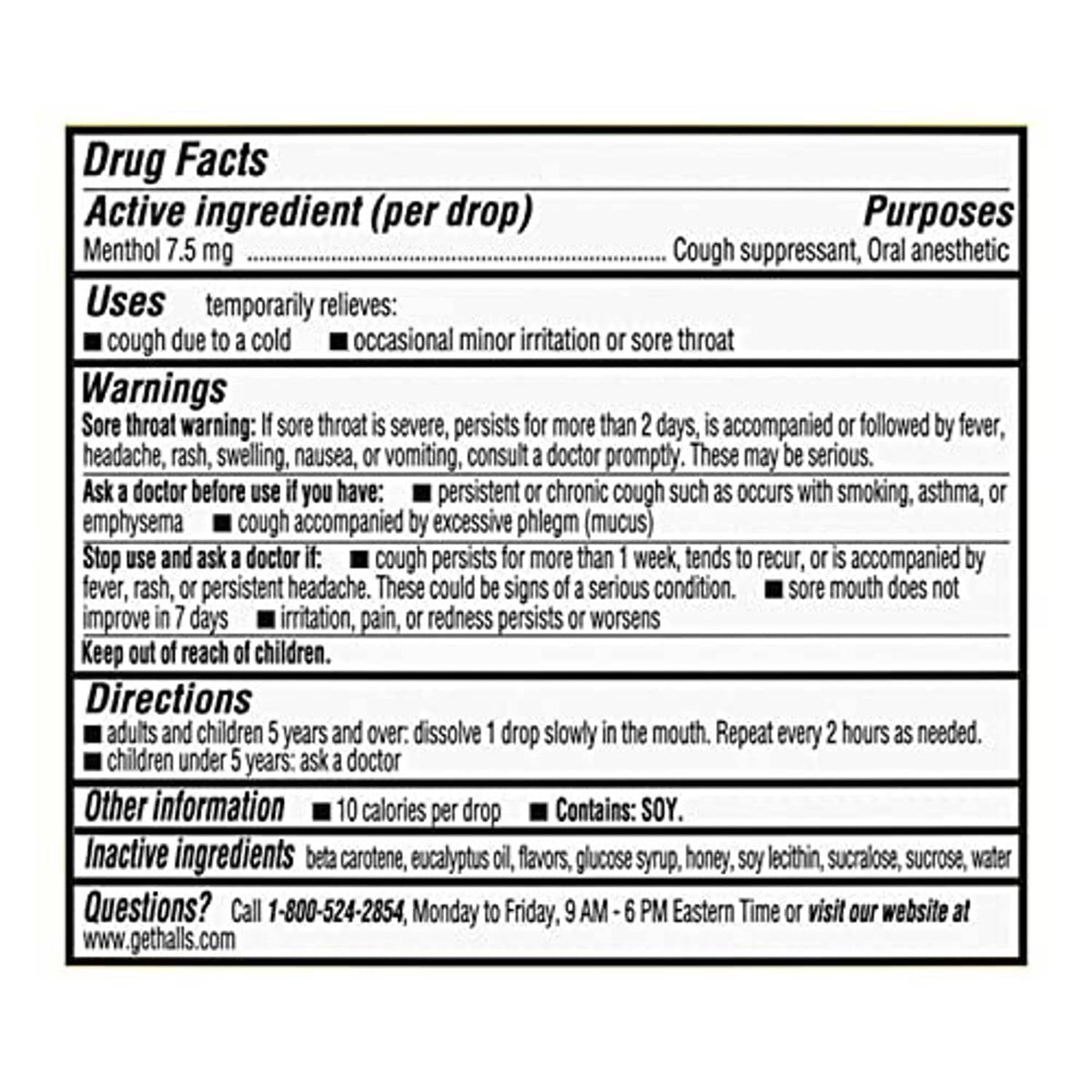 Drug Facts label panel for cough suppressant drops