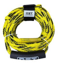 Yellow braided tow rope coil with UST Outdoor label and black keeper strap
