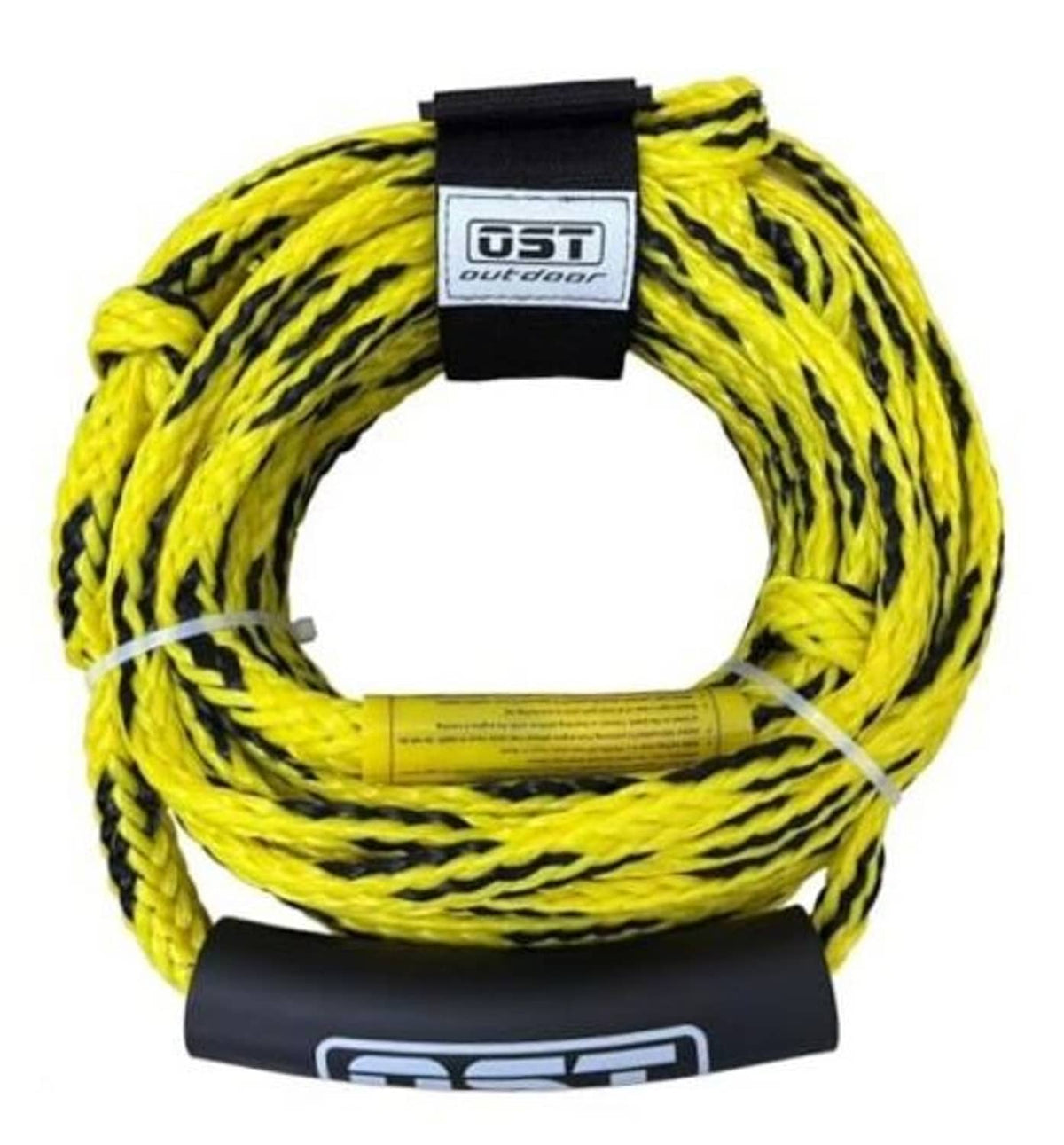Yellow braided tow rope coil with UST Outdoor label and black keeper strap