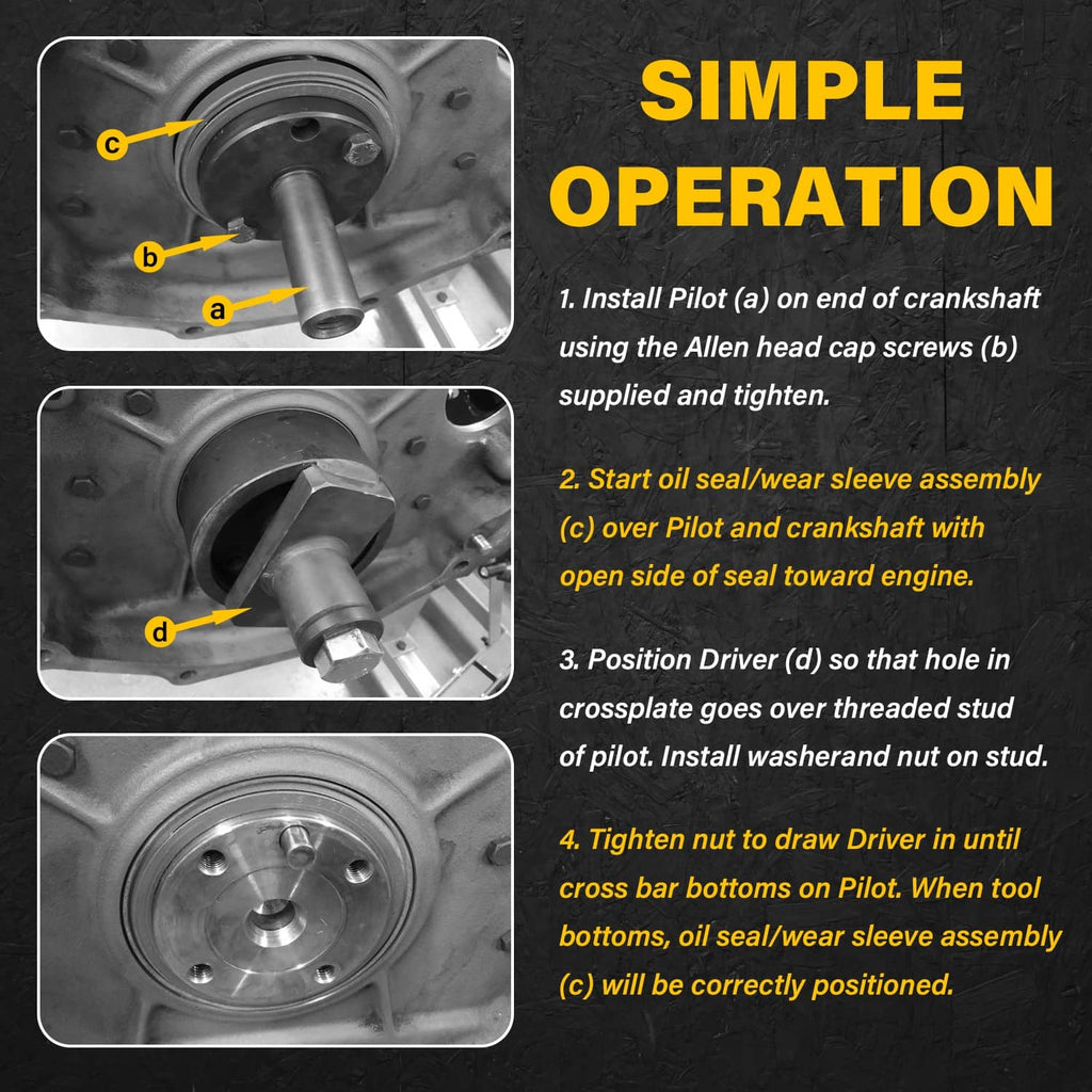Rear main seal installer used on crankshaft seal area with pilot, driver, and stud