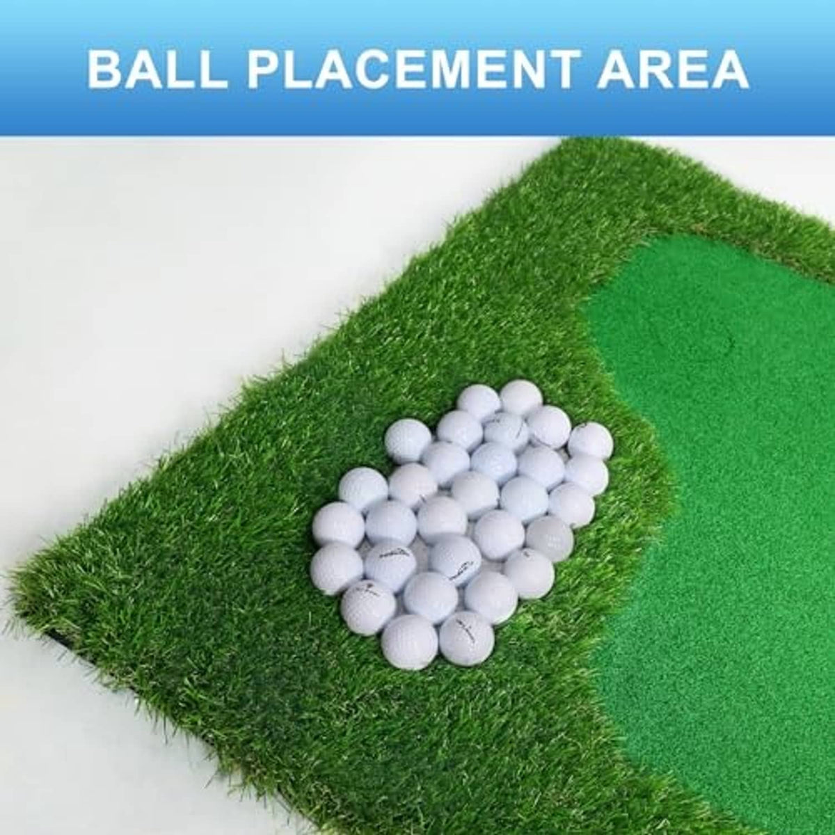 Corner section of green golf putting mat with a cluster of white practice balls