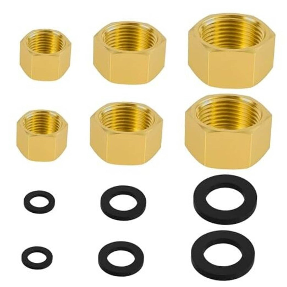 Brass hex pipe caps with black rubber gasket rings, assorted set pieces