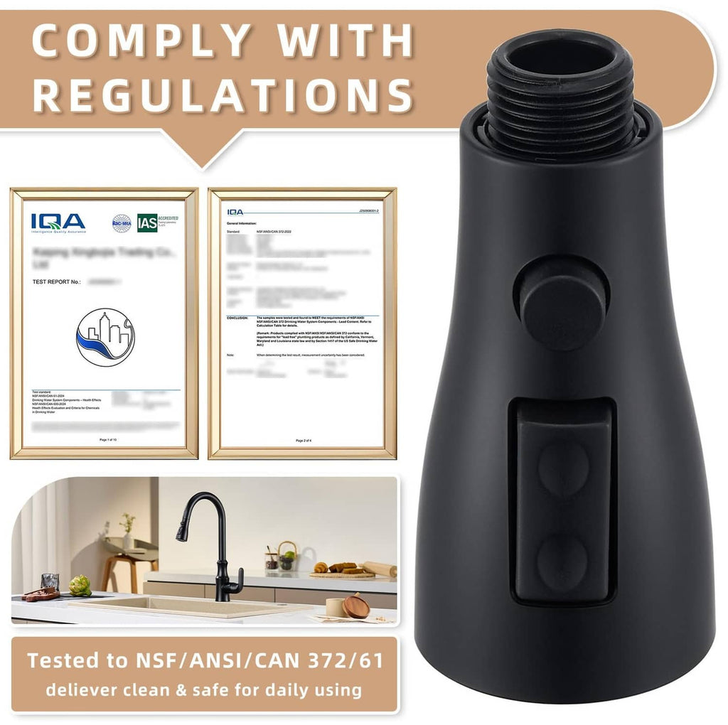 Matte black faucet adapter with threaded inlet and two raised control buttons