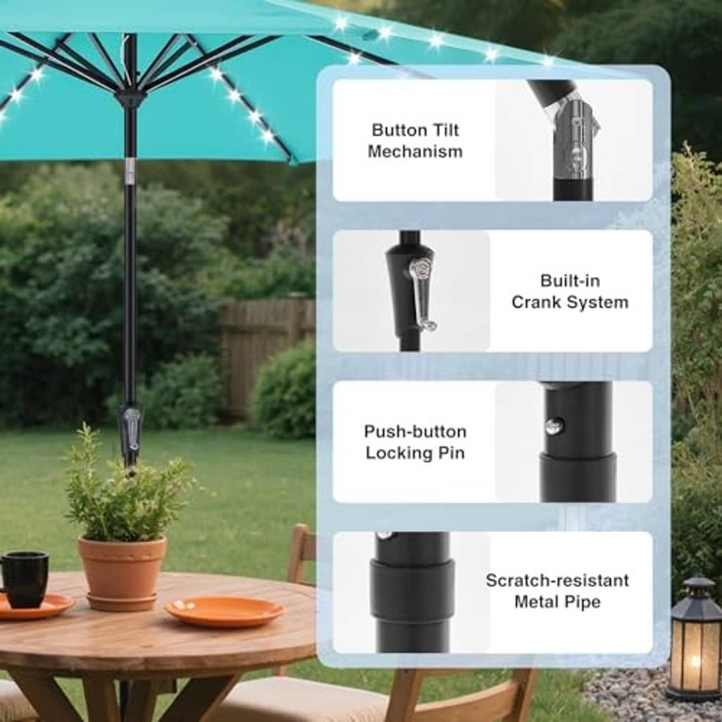Turquoise solar umbrella with LED lights, black pole with crank base detail