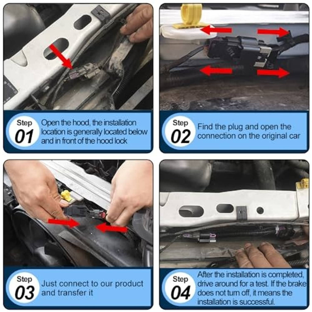 Installation photos showing auto start-stop eliminator harness connections under hood