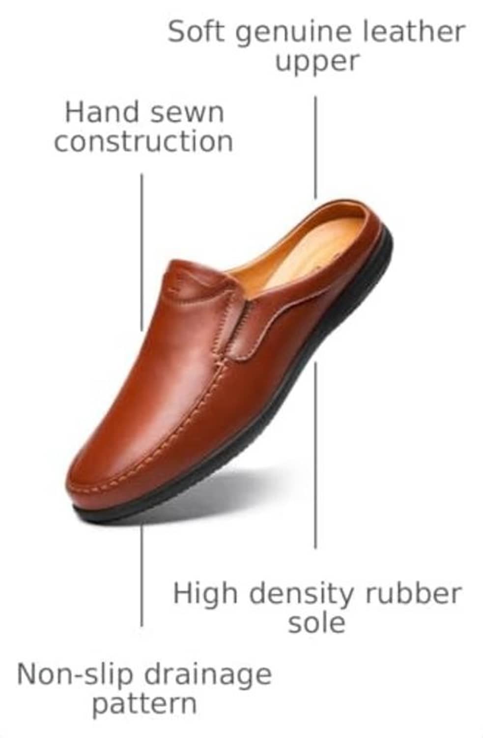Men's brown leather slip-on loafer with hand-sewn look and high-density rubber sole