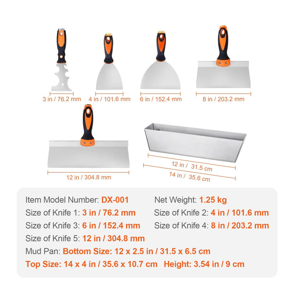 Assorted drywall knives and mud pan with orange-black handles and size markings