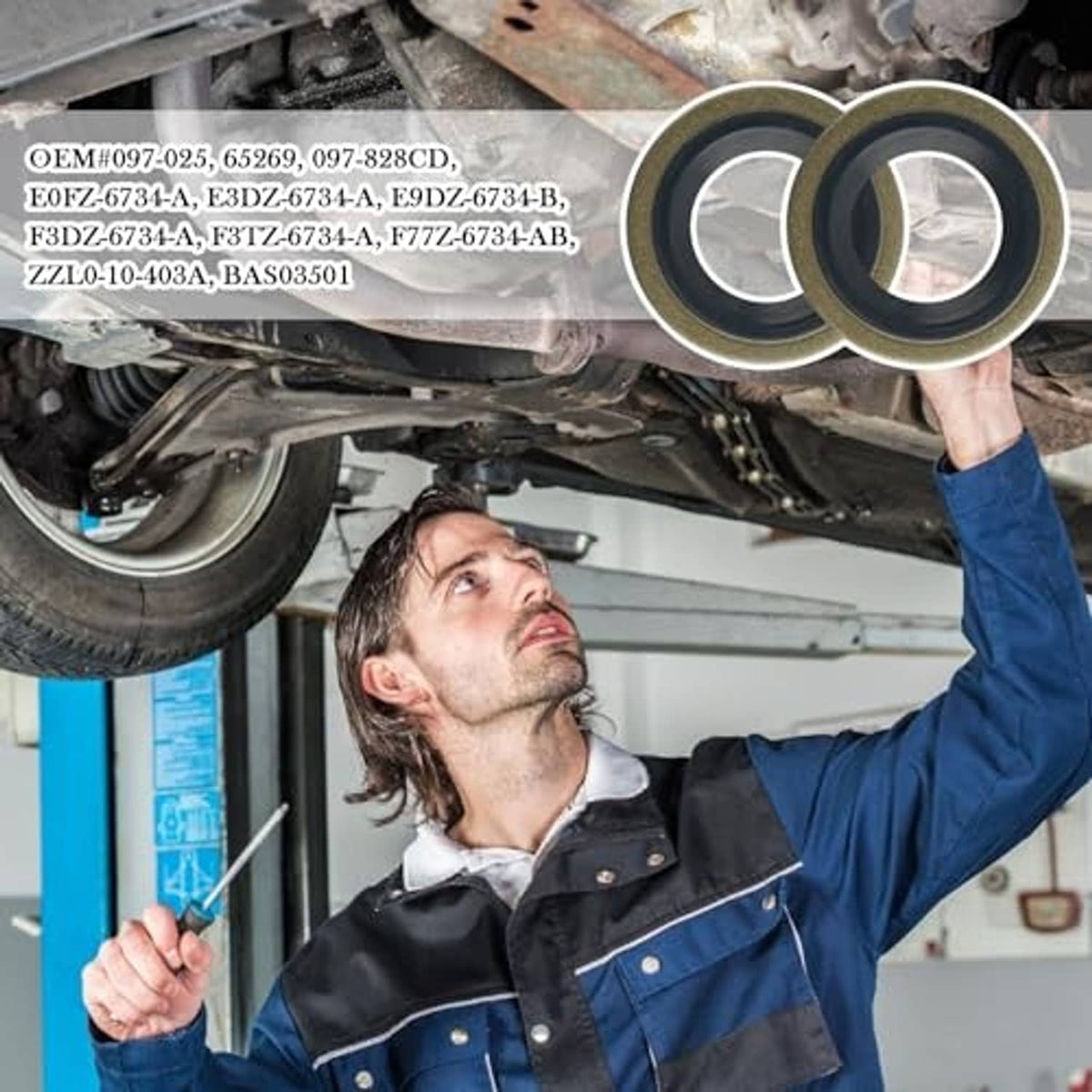Oil drain plug gasket pair held in hand under vehicle, metal and rubber crush washers