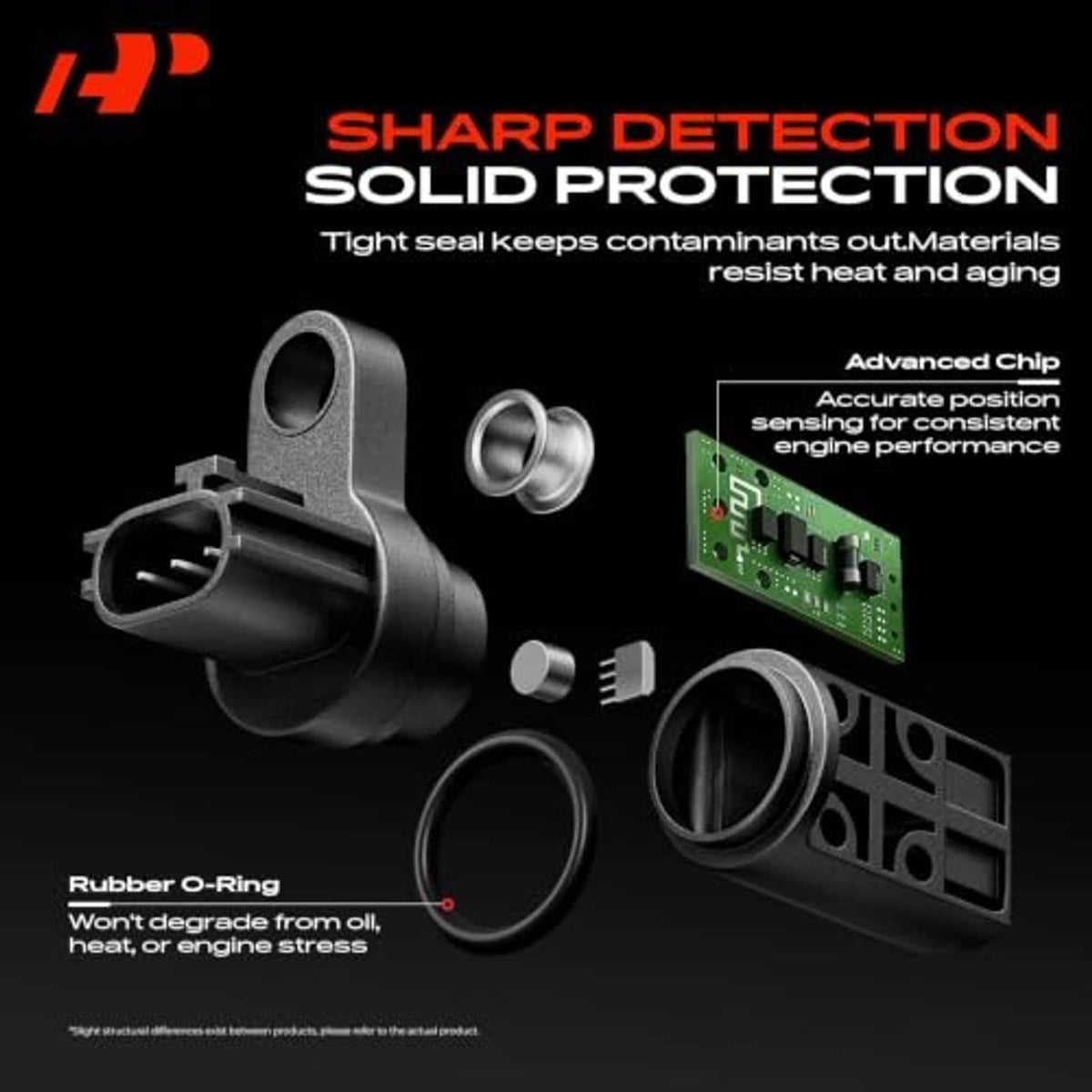 Engine camshaft position sensor components with rubber O-ring and sealed housing