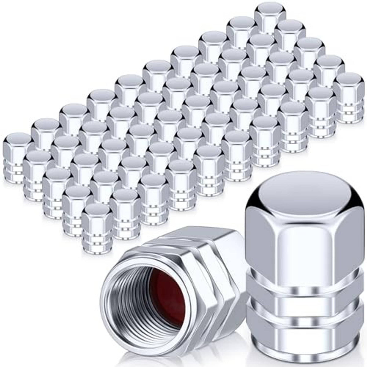 Chrome metal hex tire valve stem caps with threads, close-up single cap plus pile
