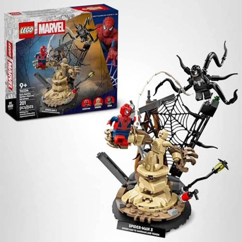 LEGO Marvel building set box with assembled Spider-Man web arena and tan Sandman figure