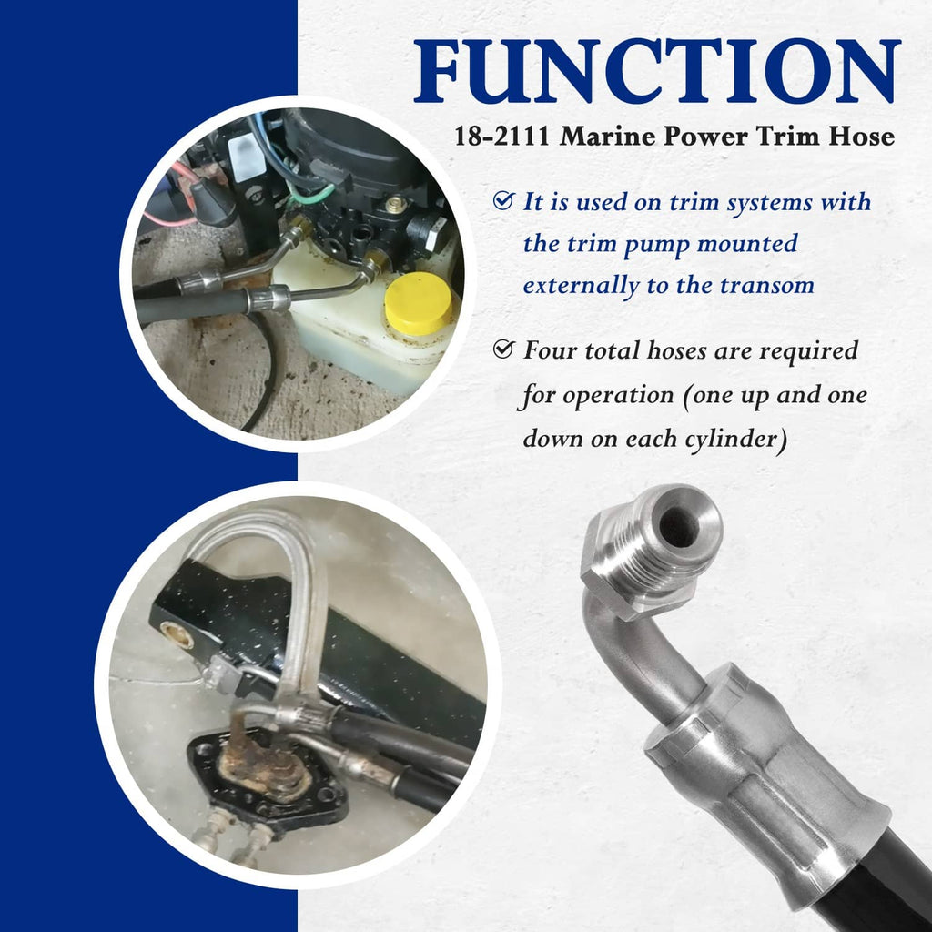 Marine power trim hose with metal adapter ends and protective black rubber sleeve
