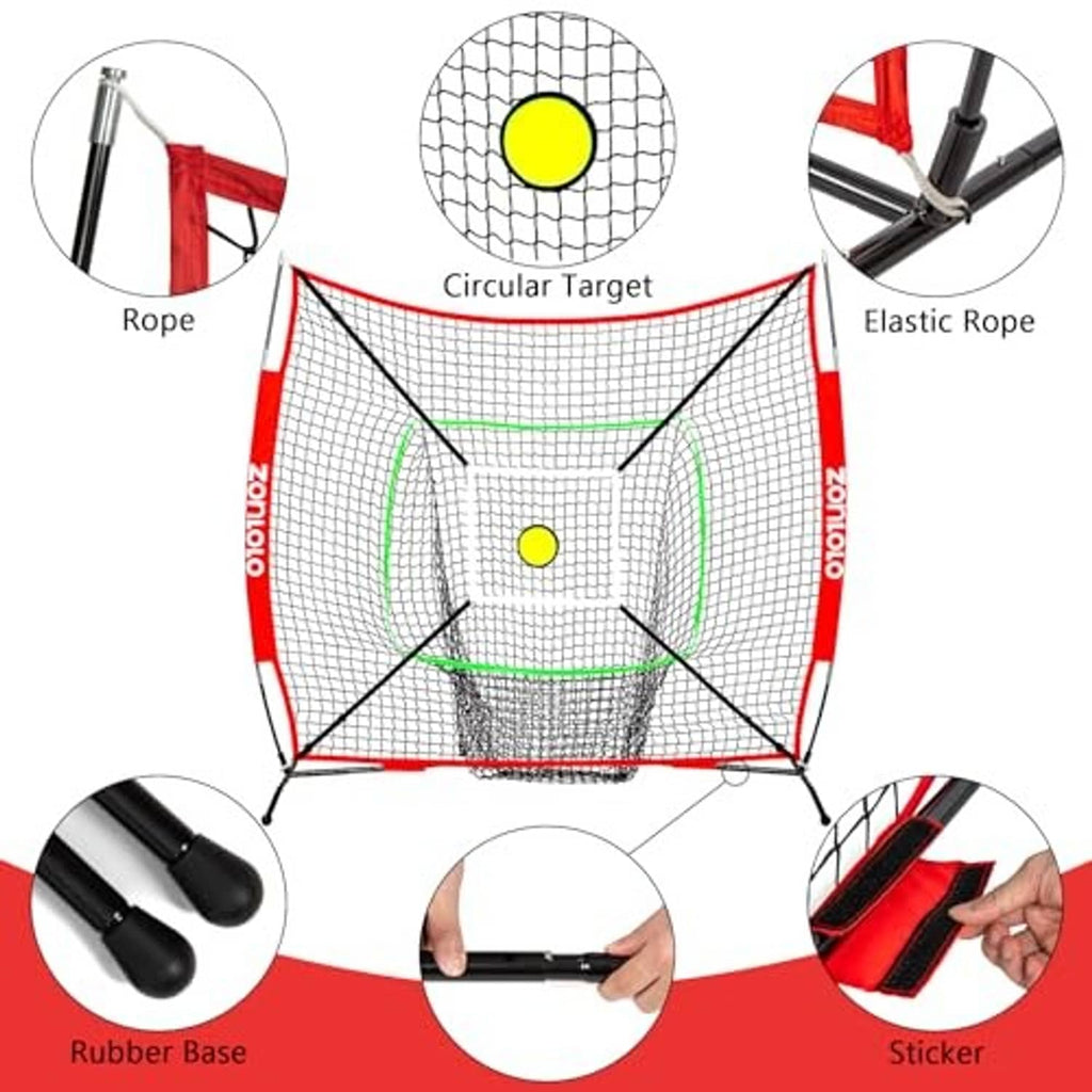 Baseball net accessory diagram: circular target, rope, elastic rope, rubber base, stickers.
