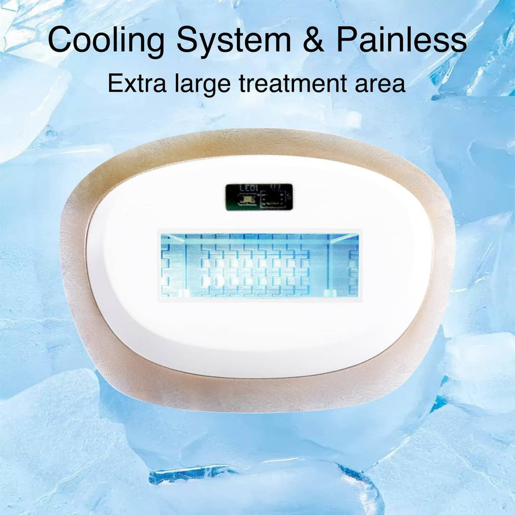 White laser hair removal device with cooling system and treatment-area illustration