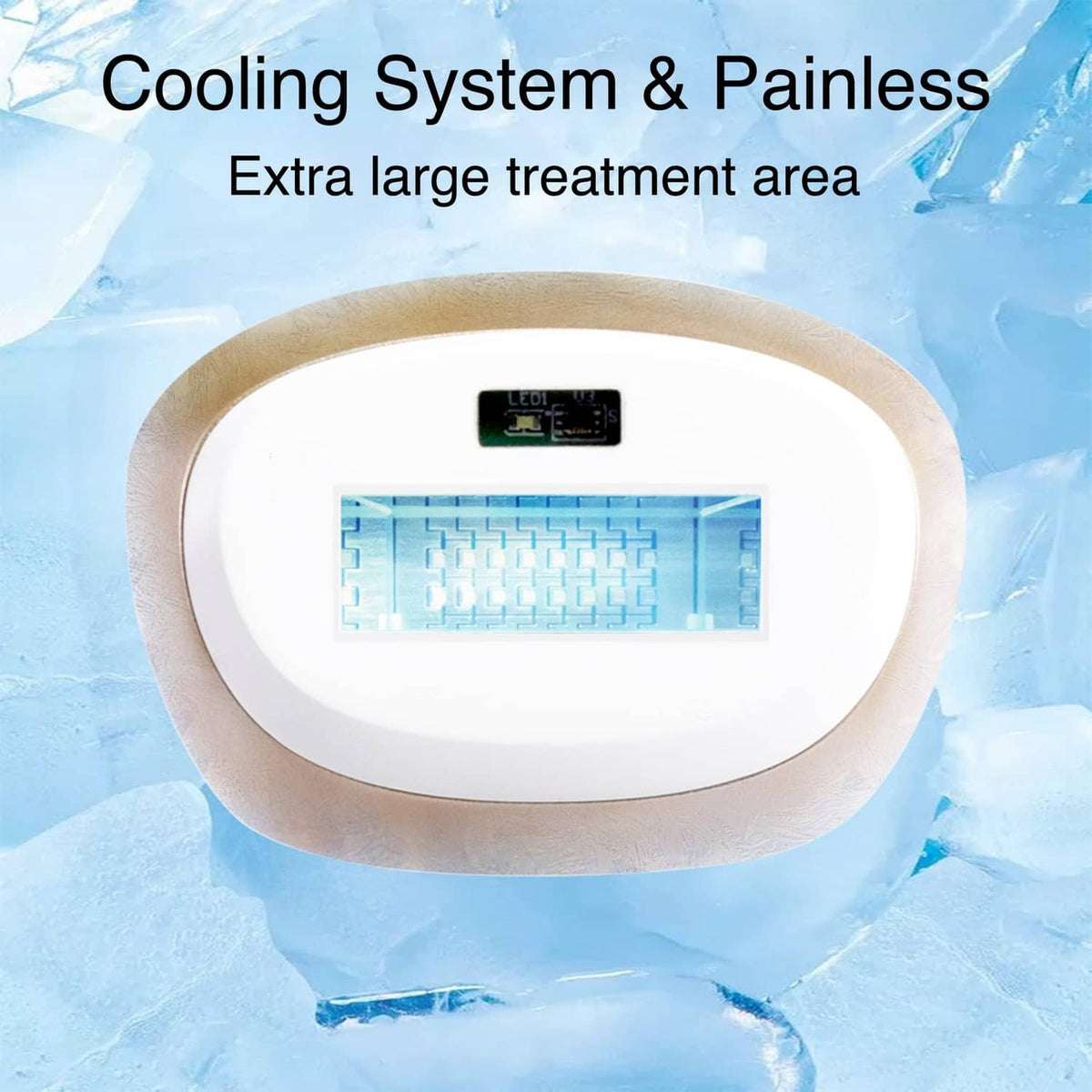 White laser hair removal device with cooling system and treatment-area illustration