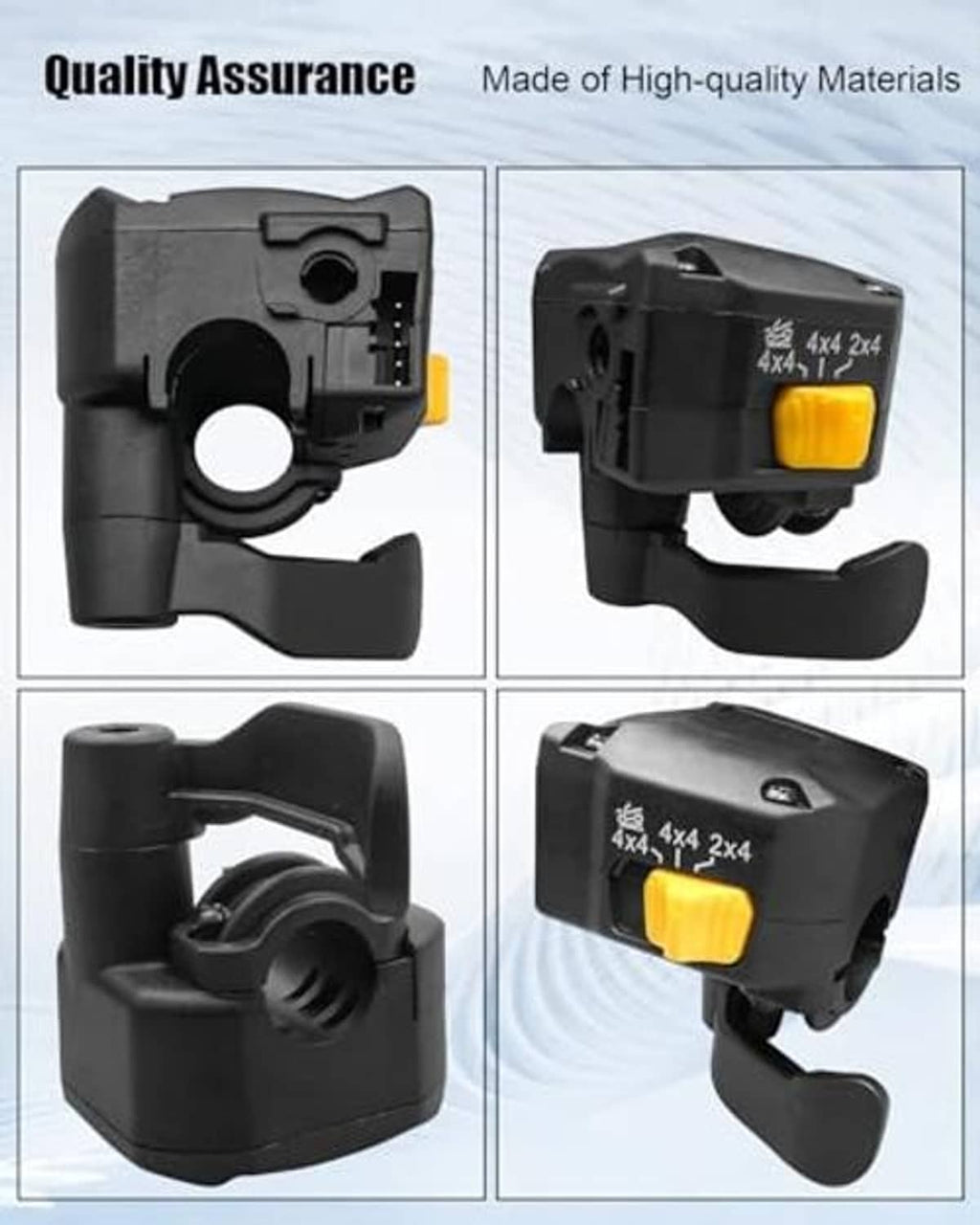 Thumb throttle control lever assembly with yellow switch, shown from multiple angles