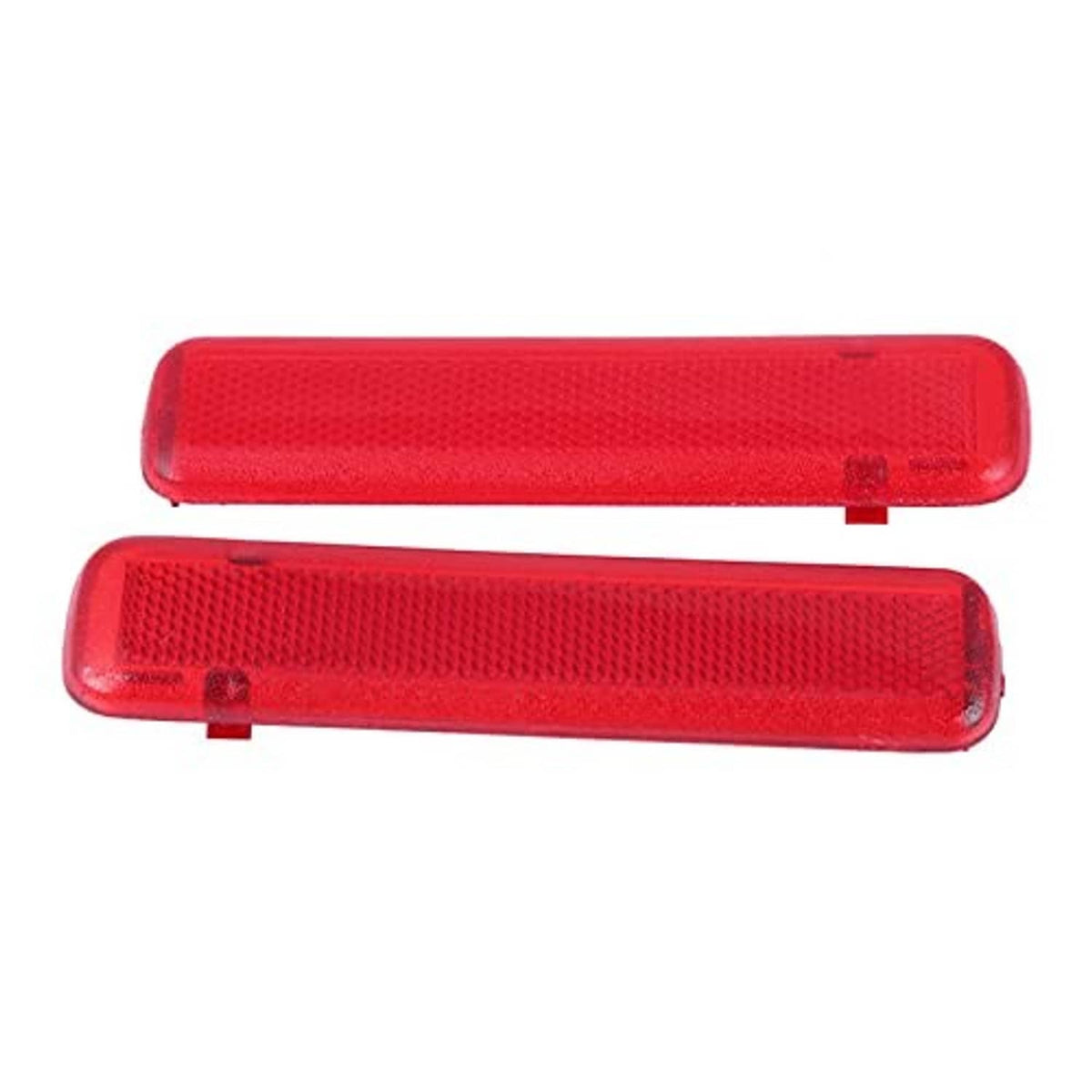 Pair of red rear door reflector housings with textured lens patterns and mounting points