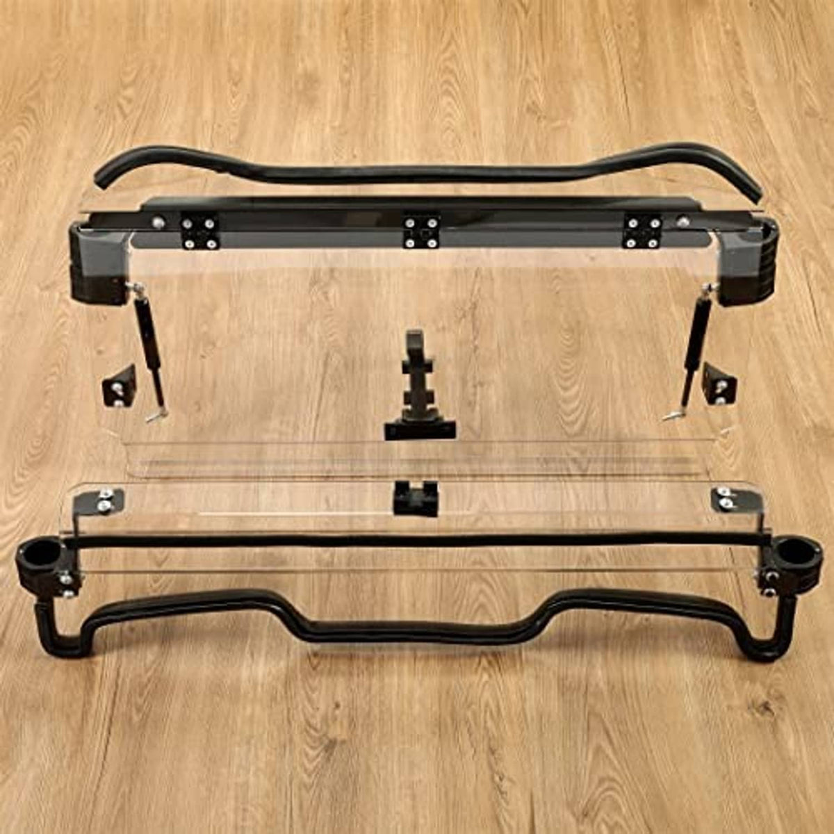 2-in-1 front windshield with clear panels, black frame, and center mounting stand