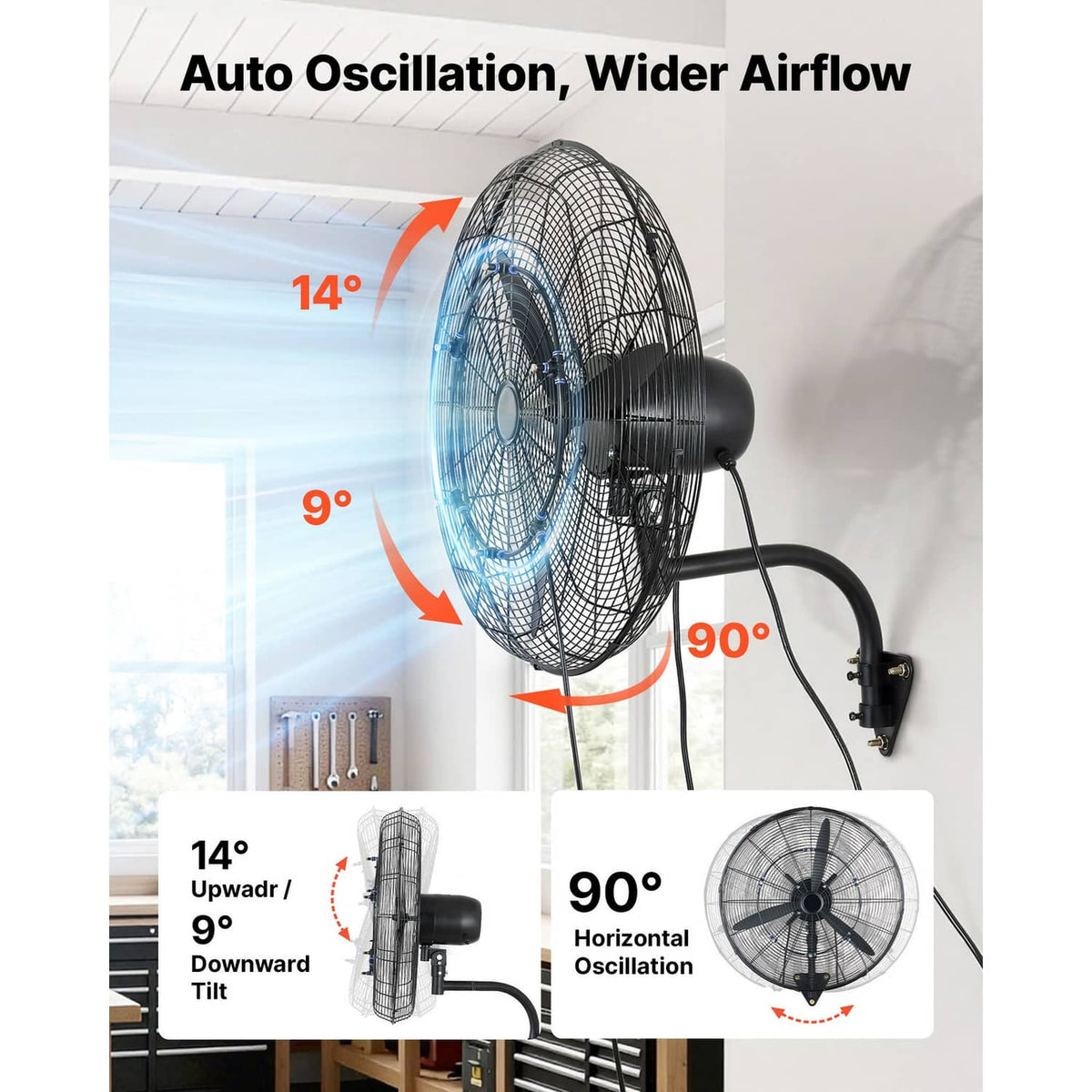 Wall-mounted oscillating mist fan with adjustable tilt and horizontal oscillation