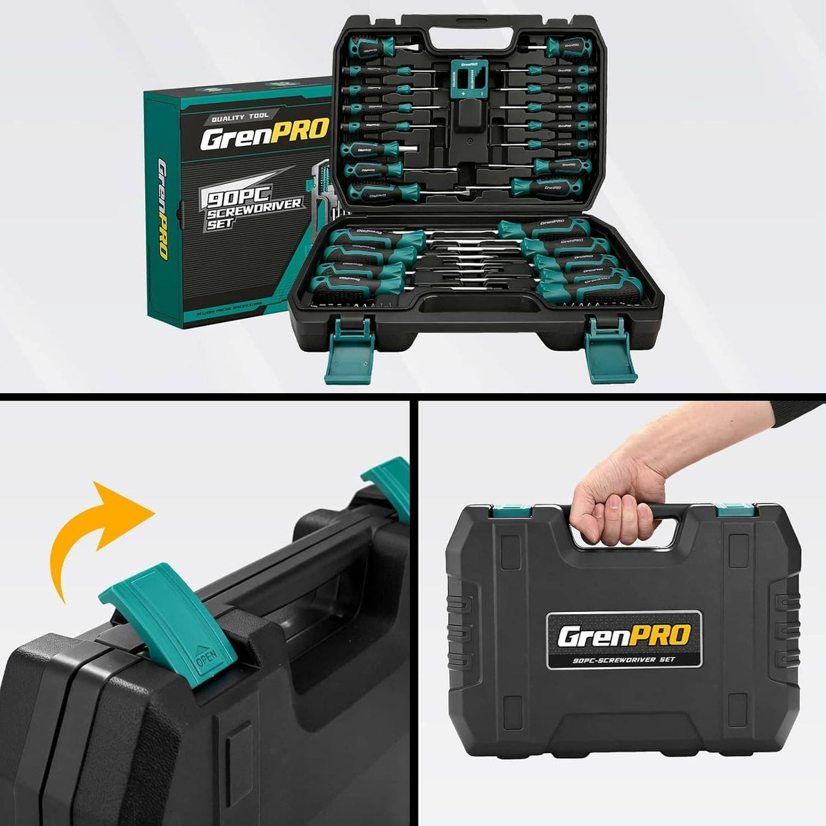 90-piece precision screwdriver set open in black case with teal bit holders