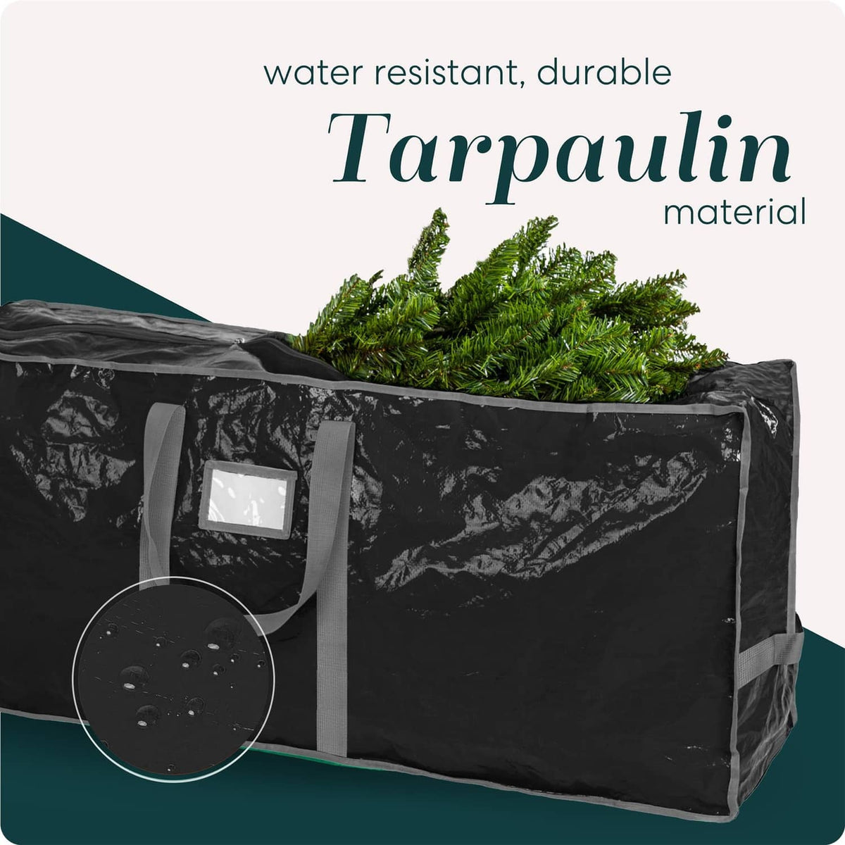 Black tarpaulin Christmas tree storage bag with front label window and handles