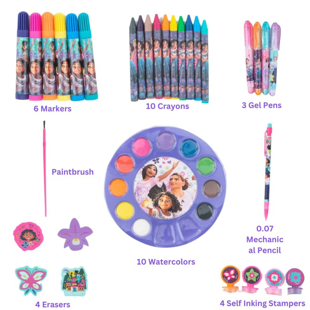 Encanto art supplies: markers, crayons, gel pens, paintbrush, watercolor palette, mechanical pencil