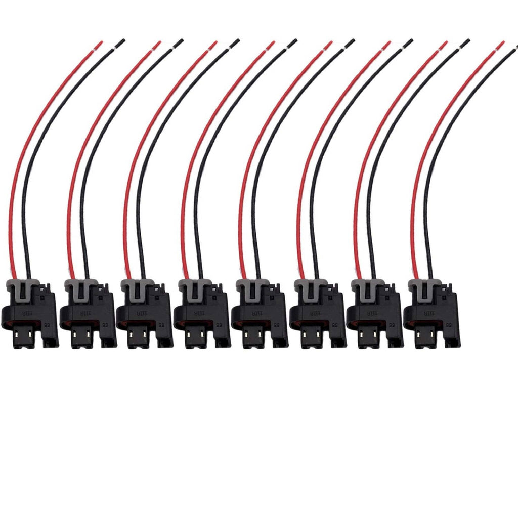 Fuel injector pigtail wiring harness with multiple black connector plugs and red/black leads