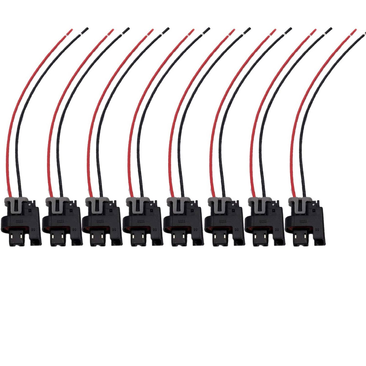Fuel injector pigtail wiring harness with multiple black connector plugs and red/black leads
