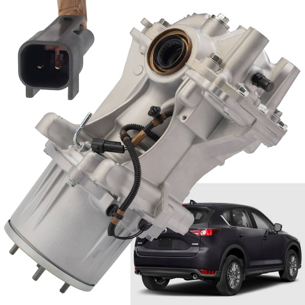 Rear axle differential assembly with wiring harness and round seal opening on silver housing