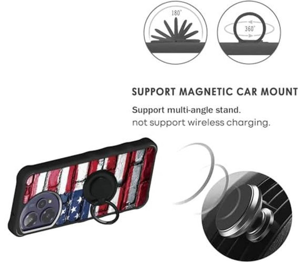 Rugged phone case with American flag print and circular ring holder for mount