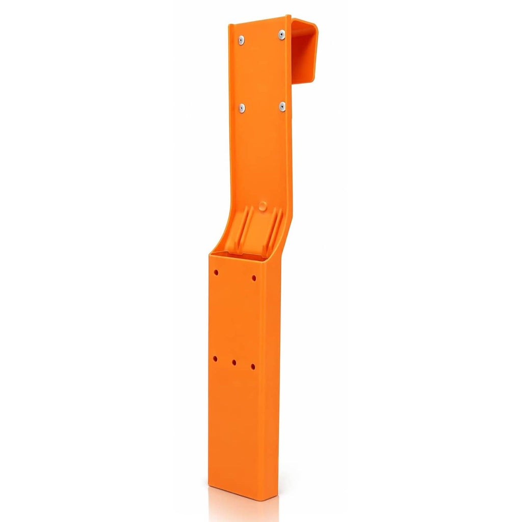 Orange polypropylene chainsaw scabbard holder with mounting holes and open end