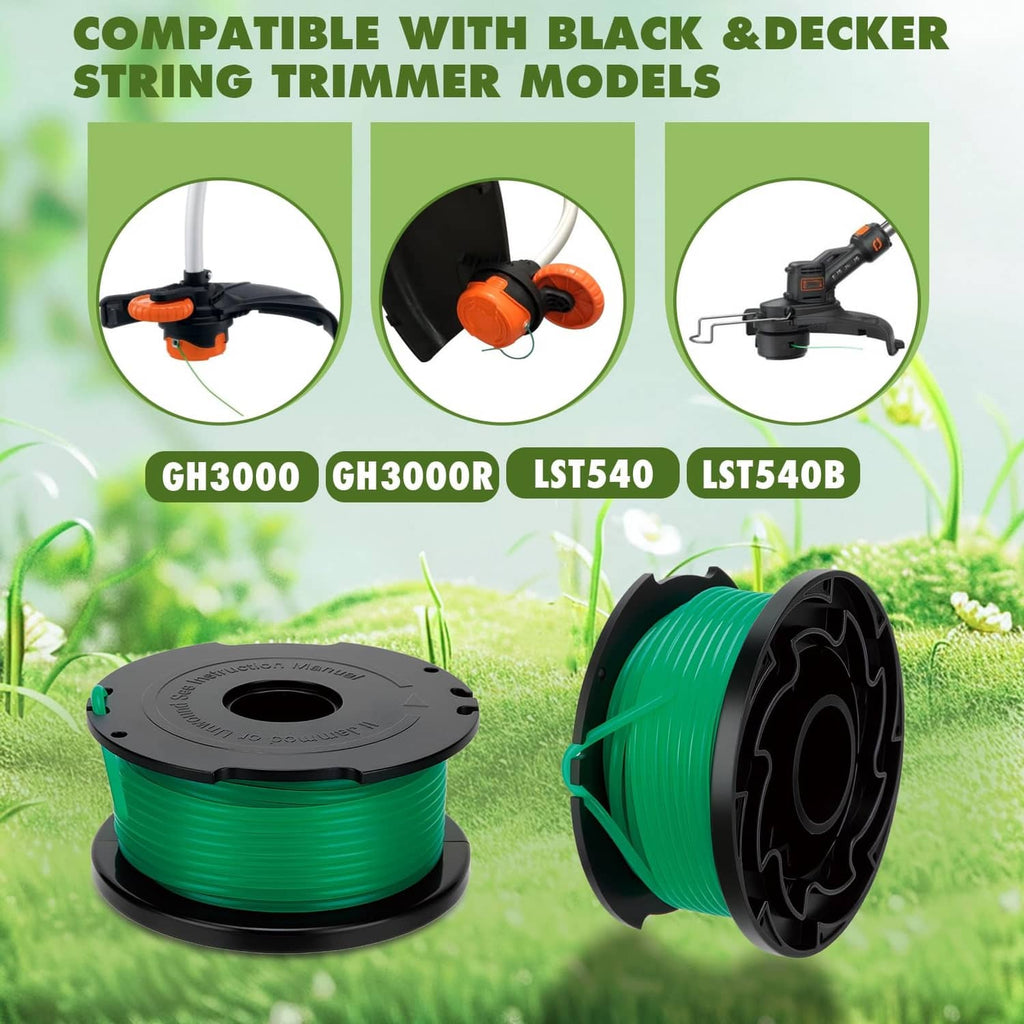 Green trimmer line replacement spool with black hub, angled product view
