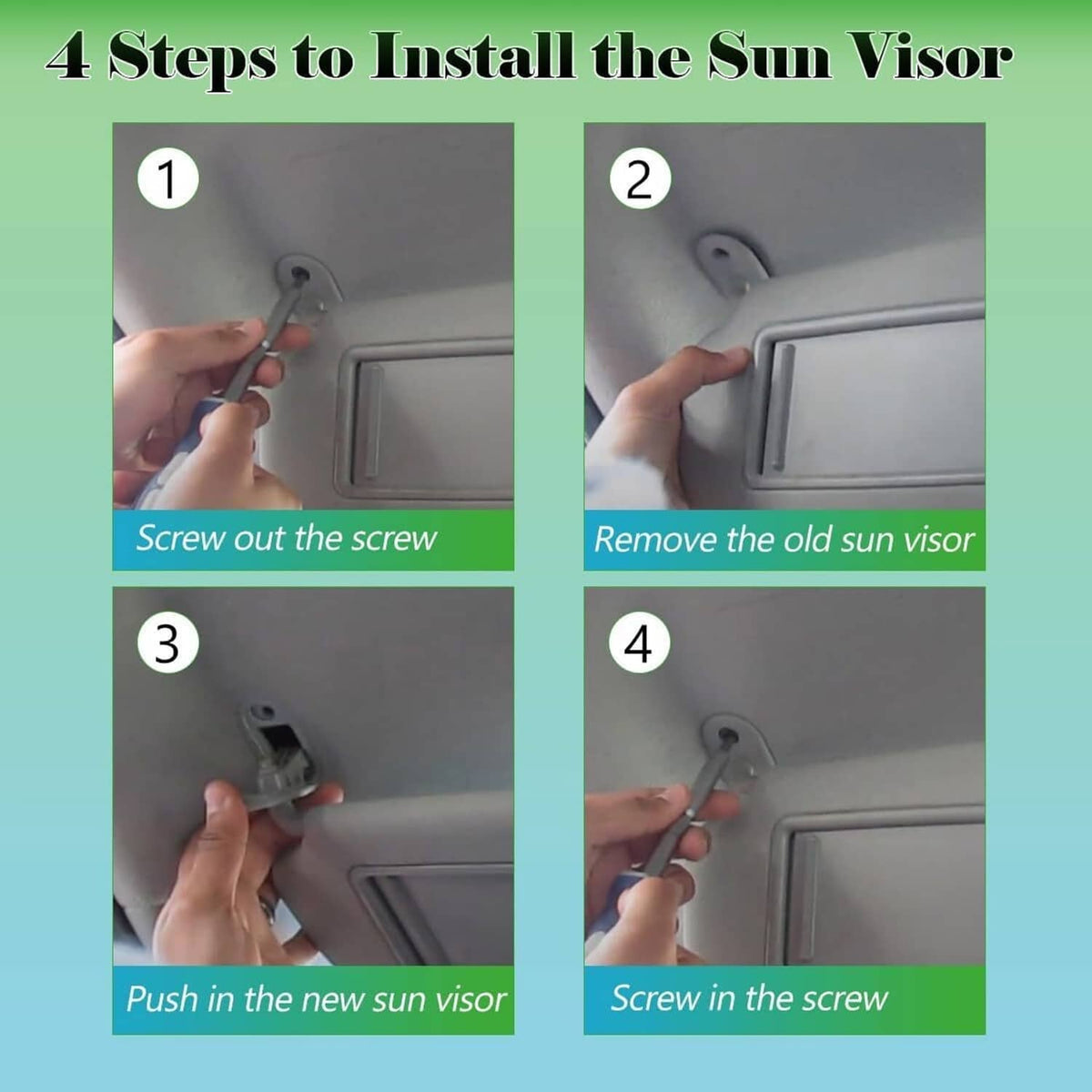Gray sun visor installation steps illustration with mounting screw points