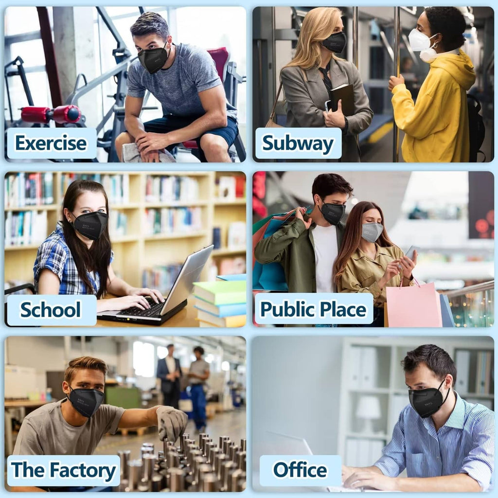 Set of black KN95 face masks worn by people in public settings
