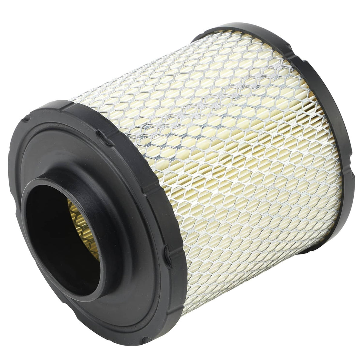 Angled cylindrical air filter with black end cap, center inlet, and white pleated media