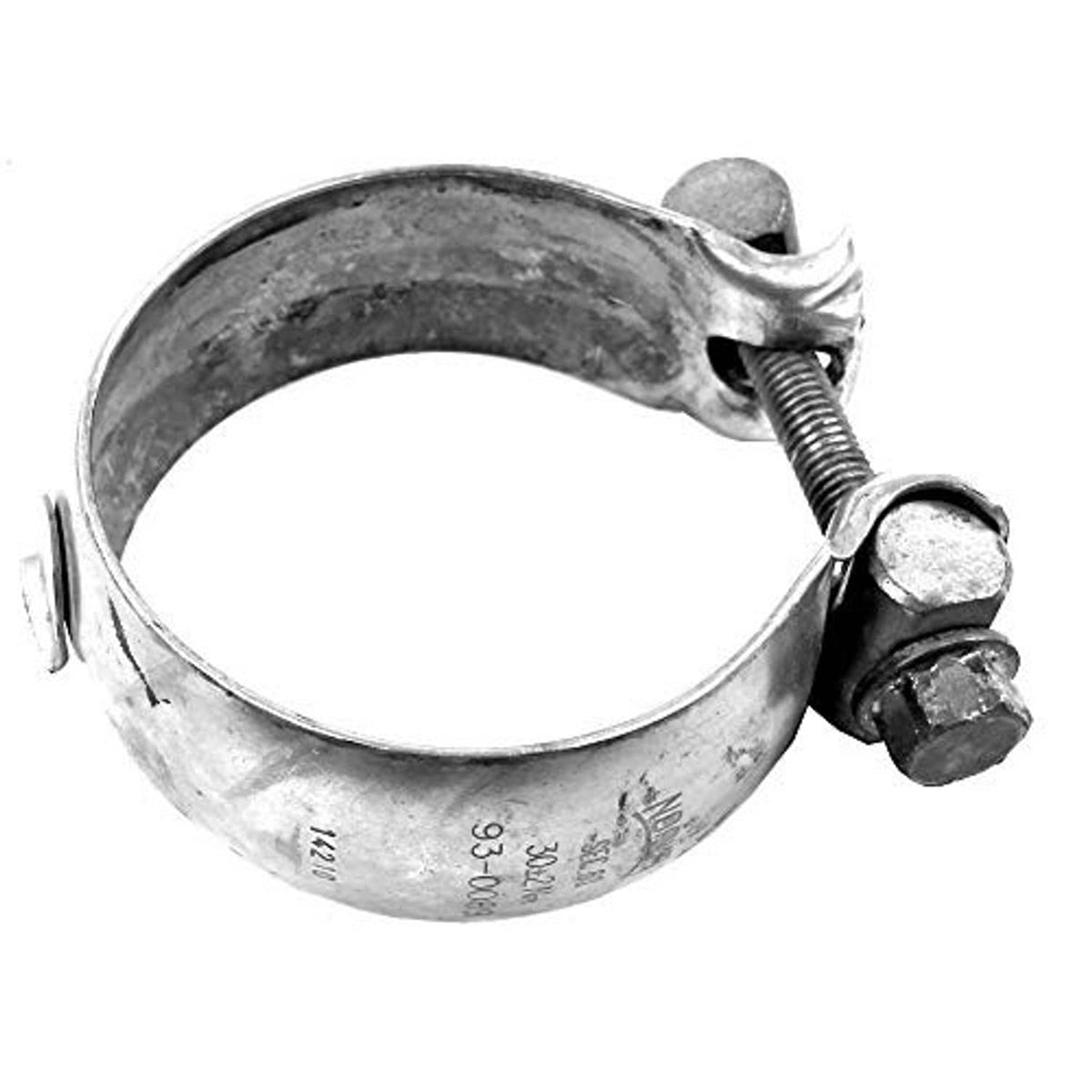 Curved steel exhaust band clamp with threaded screw and mounting nuts