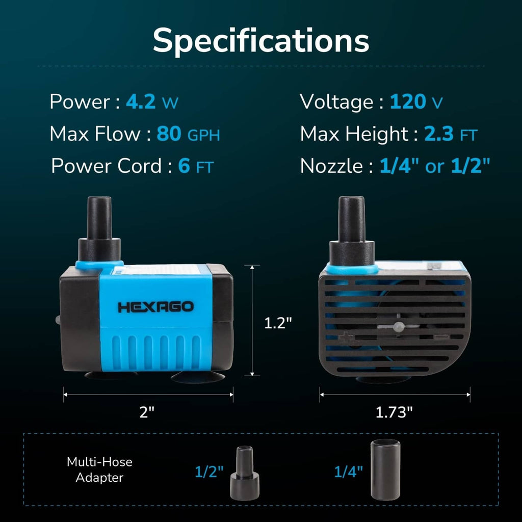 Mini submersible water pump with front vented housing and black outlet tube