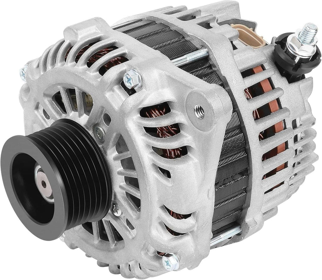 Auto alternator with black pulley and silver aluminum housing, wire terminals on side