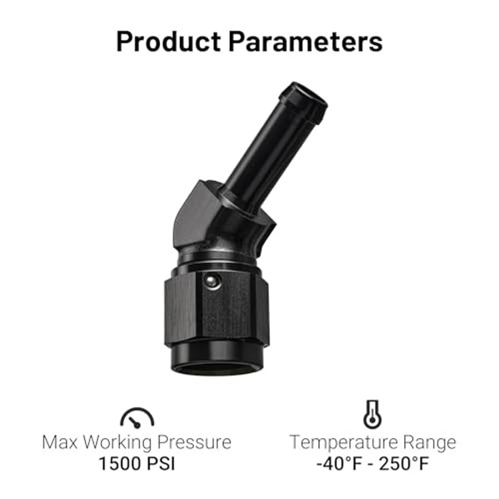 6AN 45-degree barb hose fitting, black finish, hex collar and barbed end